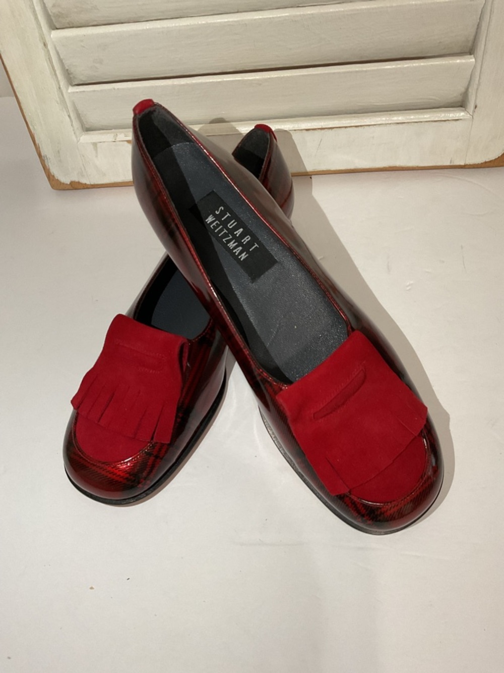 Stuart Weitzman Red Patent and Suede Kiltie Loafers Size 6.5
